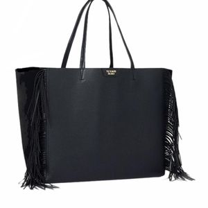 VS Pink Faux Leather Black Tote with Fringe